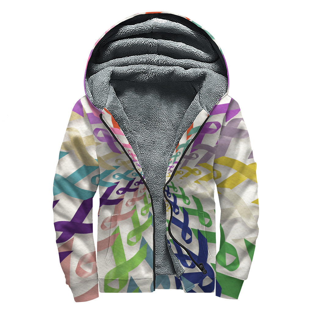 Cancer Awareness Mandala Print Sherpa Lined Zip Up Hoodie for Groovy Hippies - 1