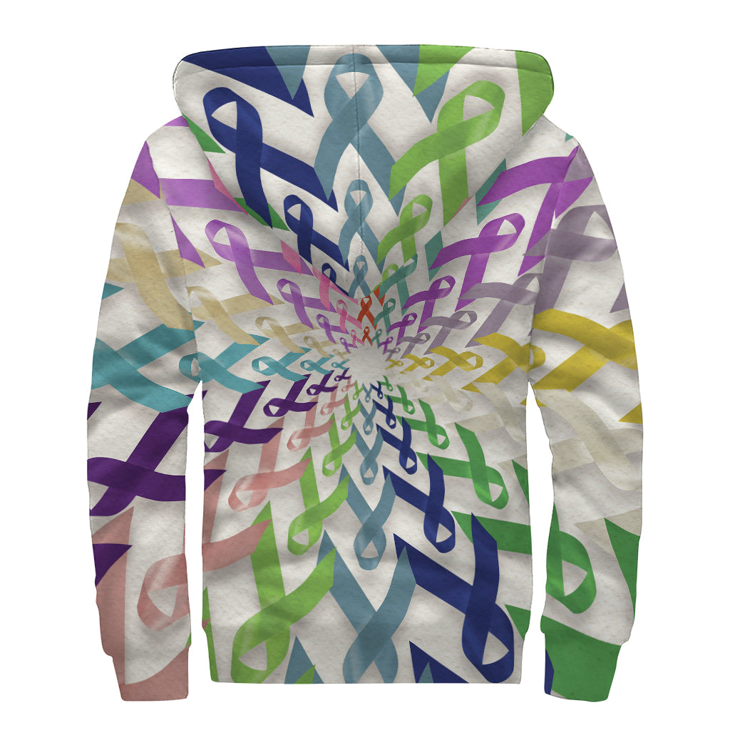 Cancer Awareness Mandala Print Sherpa Lined Zip Up Hoodie for Groovy Hippies - 2