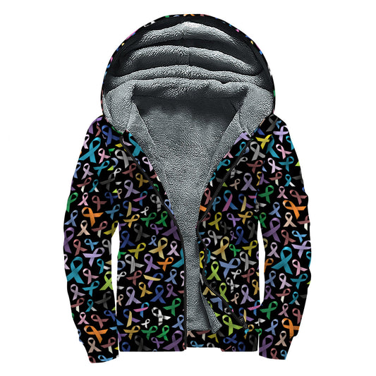 All Cancer Awareness Pattern Print Hippies Sherpa Lined Zip Up Hoodie - 1