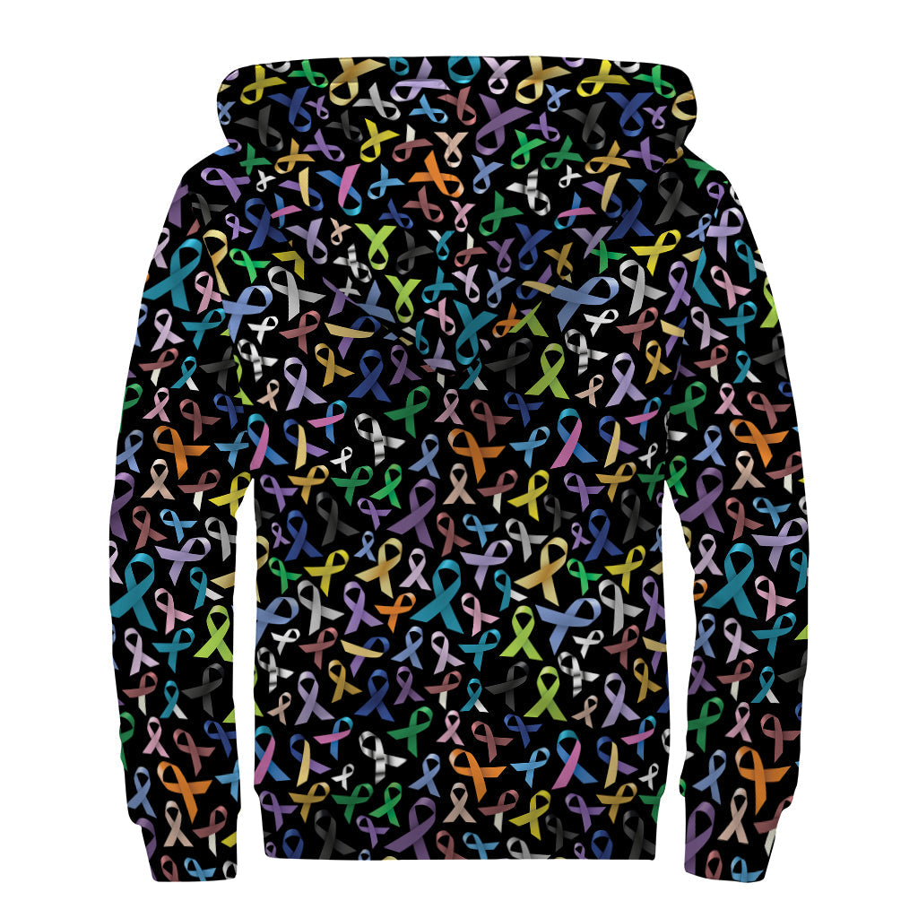 All Cancer Awareness Pattern Print Hippies Sherpa Lined Zip Up Hoodie - 2