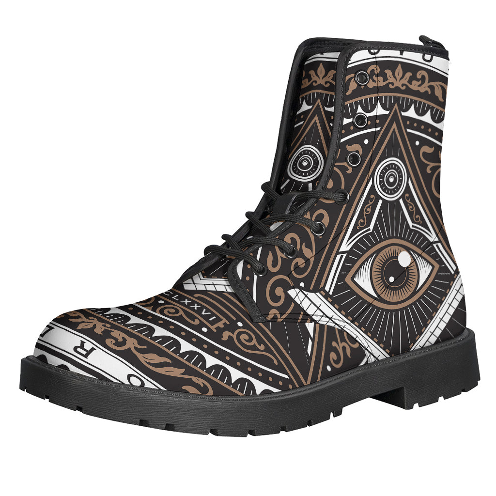 Boho Chic: All-Seeing Eye Symbol Print Leather Lightweight Boots for Hippies - 1