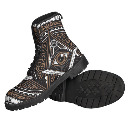 Boho Chic: All-Seeing Eye Symbol Print Leather Lightweight Boots for Hippies - 2