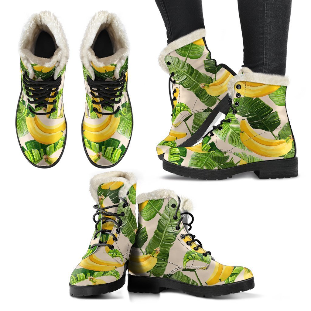 Aloha Banana Pattern Print Faux Fur Leather Boots: Groovy Hippie Style! - 2