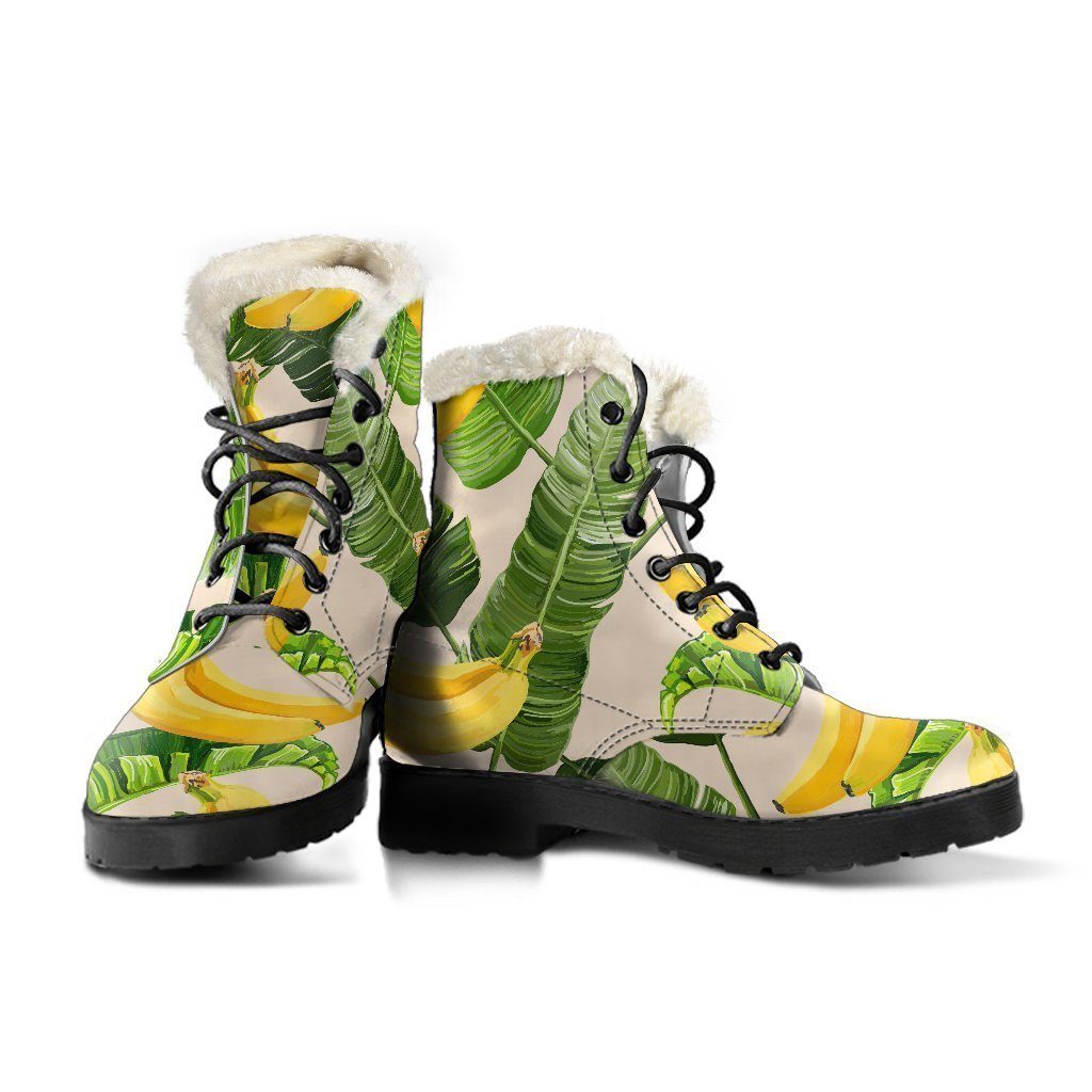 Aloha Banana Pattern Print Faux Fur Leather Boots: Groovy Hippie Style! - 3