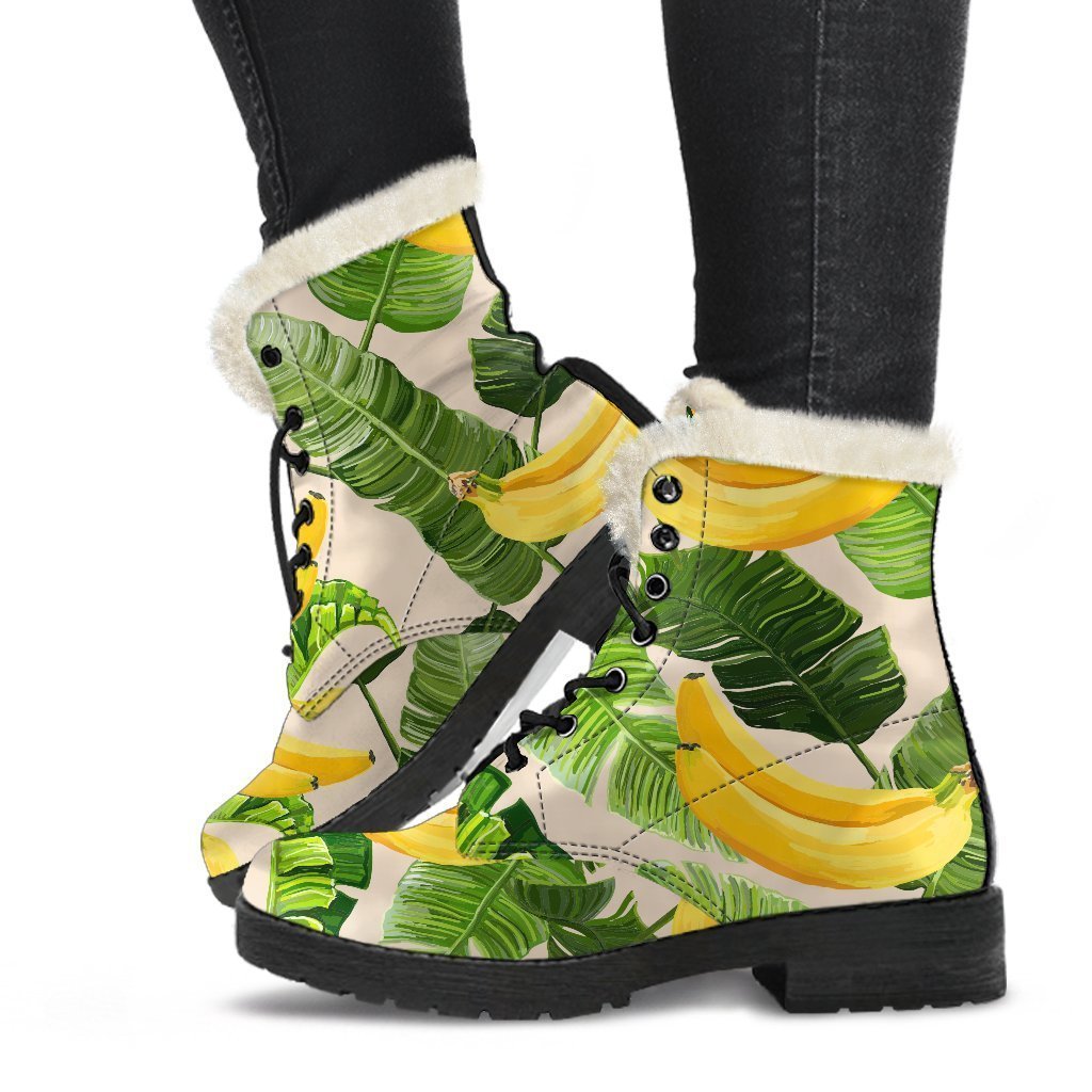 Aloha Banana Pattern Print Faux Fur Leather Boots: Groovy Hippie Style! - 1