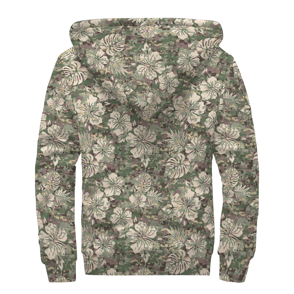 Groovy in Green: Aloha Hawaiian Camo Flower Pattern Sherpa Lined Zip Up Hoodie - 2