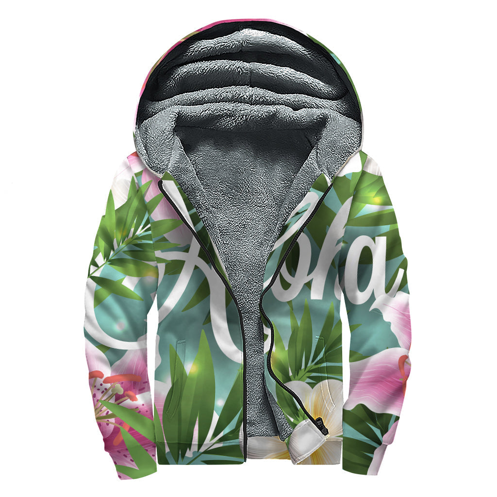 Groovy Vibes: Aloha Hawaiian Flower Print Sherpa Lined Zip Up Hoodie - 1