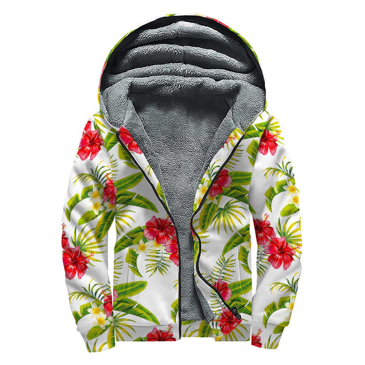 Hippie Chic: Aloha Hibiscus Tropical Pattern Sherpa Lined Zip Up Hoodie - 1