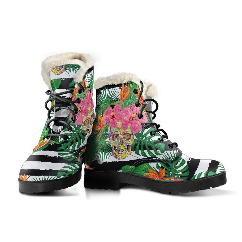 Aloha Skull Striped Faux Fur Leather Boots - Embrace Your Inner Hippie Style - 3