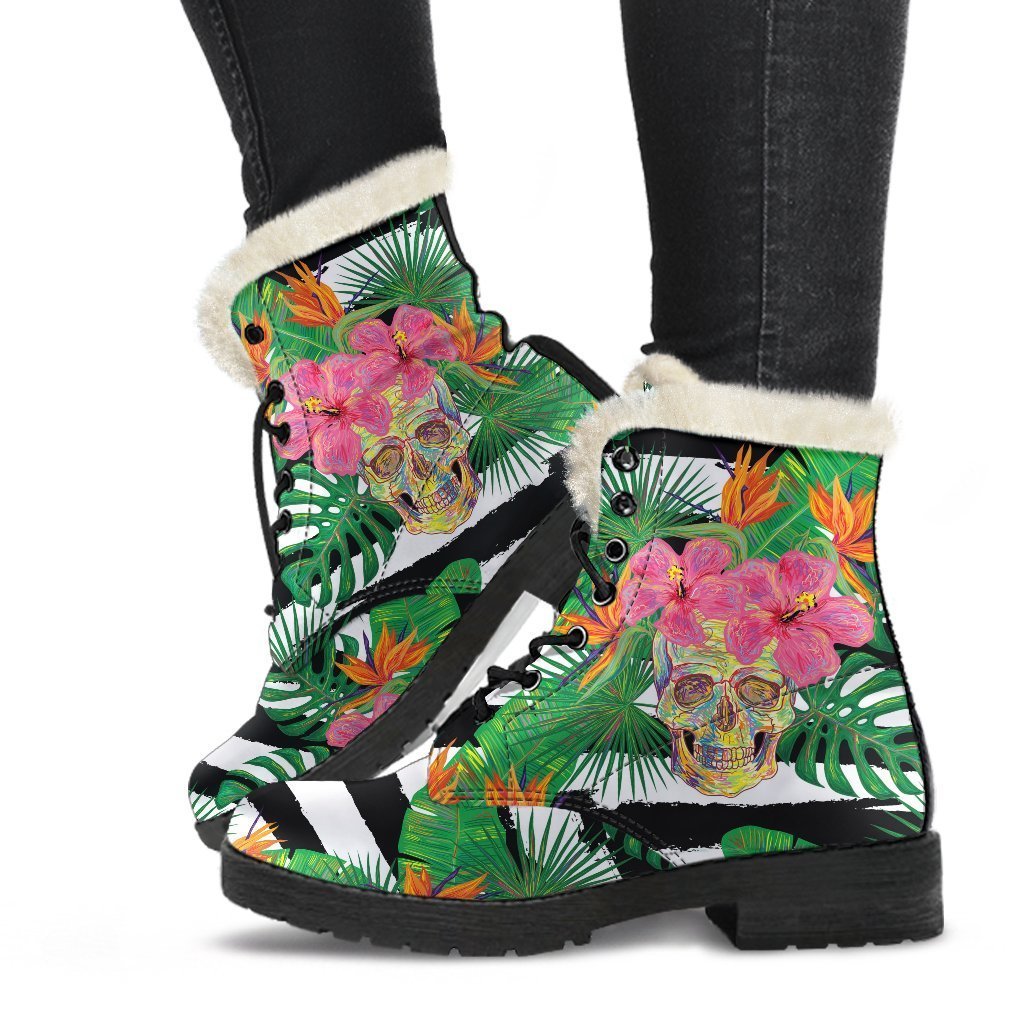 Aloha Skull Striped Faux Fur Leather Boots - Embrace Your Inner Hippie Style - 1