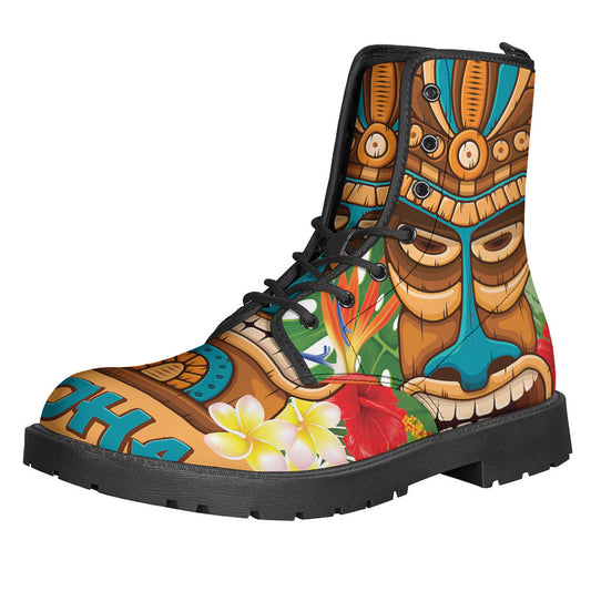 Groovy Vibes: Aloha Tiki Print Leather Boots for Stylish Hippies - 1