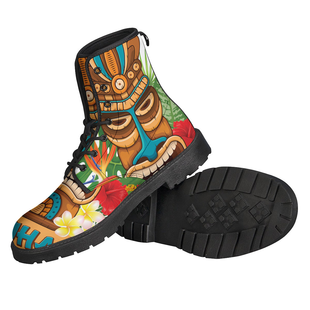 Groovy Vibes: Aloha Tiki Print Leather Boots for Stylish Hippies - 2