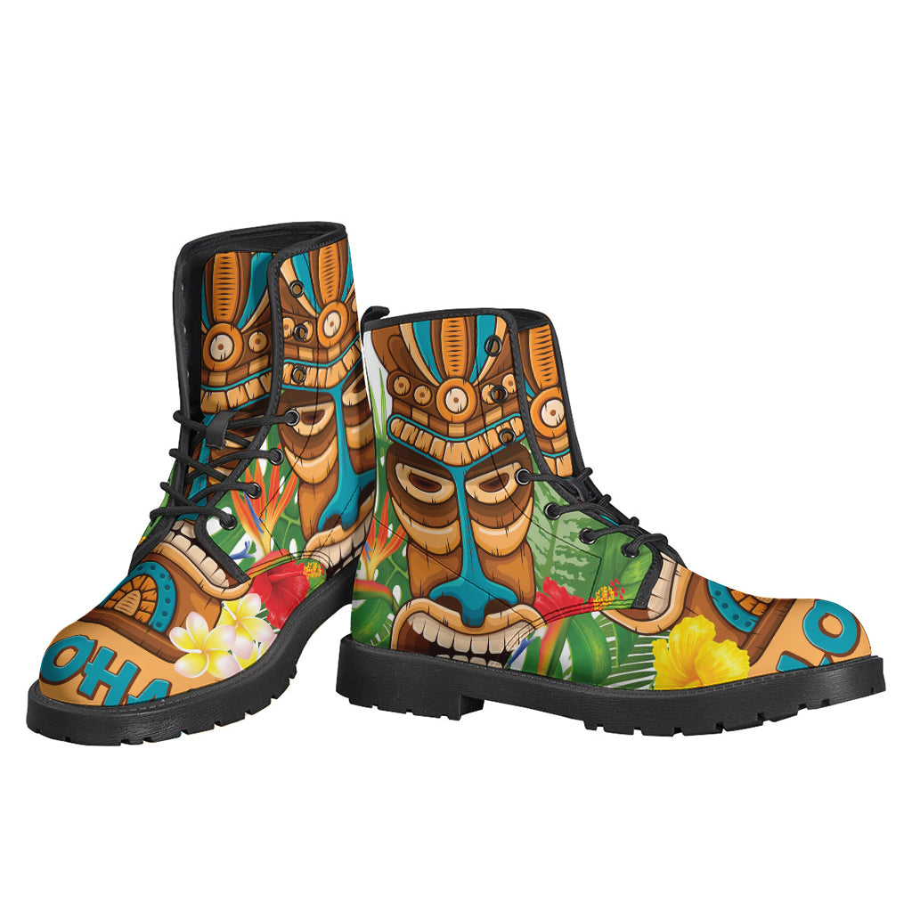 Groovy Vibes: Aloha Tiki Print Leather Boots for Stylish Hippies - 3