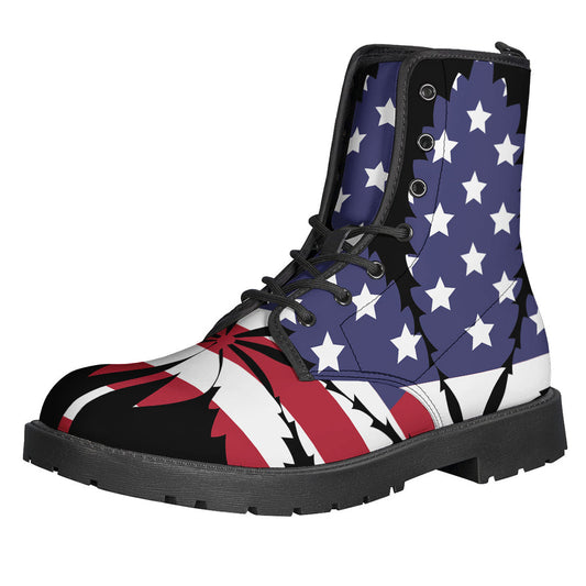 American Cannabis Leaf Flag Print Leather Lightweight Boots for Hippies - 1