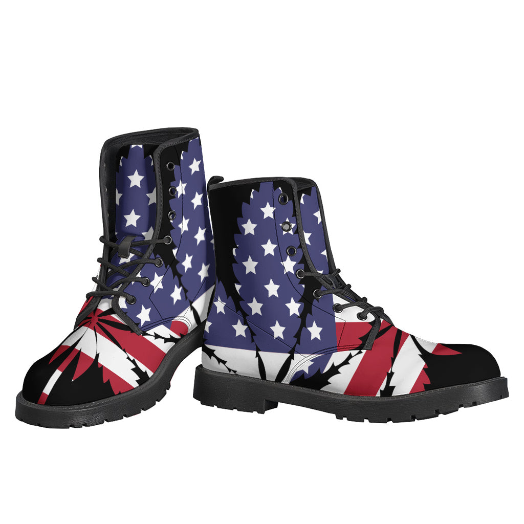 American Cannabis Leaf Flag Print Leather Lightweight Boots for Hippies - 3