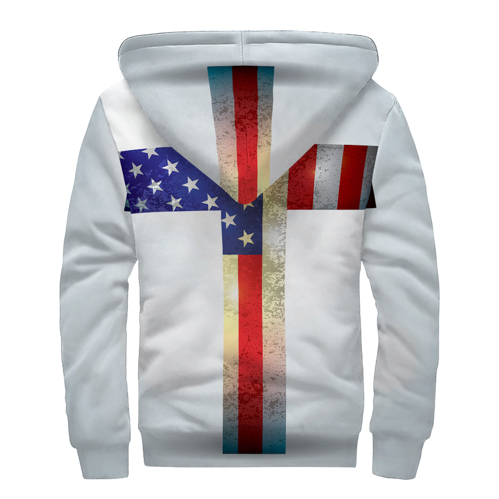 American Christian Cross Flag Print Sherpa Lined Zip Up Hoodie for Free-Spirited Hippies - 2