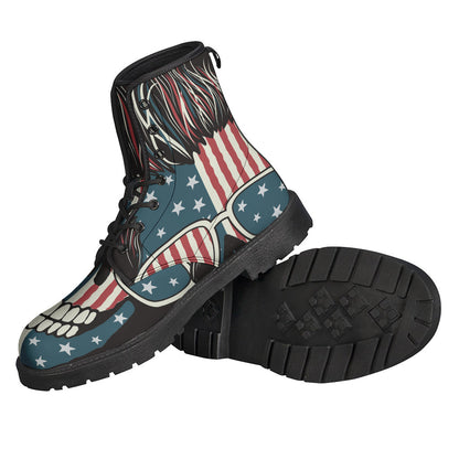 Groovy American Flag Skull Print Leather Boots for Stylish Hippies - 2