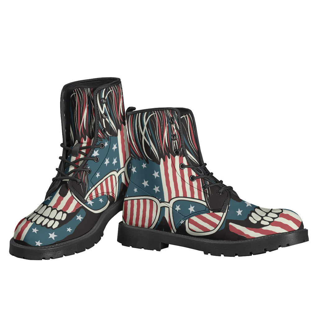 Groovy American Flag Skull Print Leather Boots for Stylish Hippies - 3