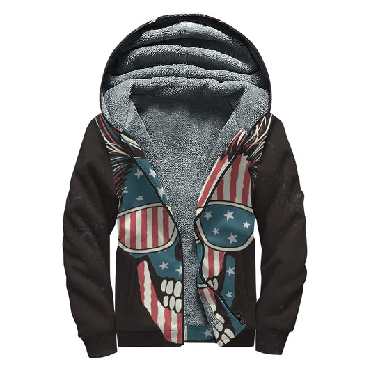 American Flag Skull Print Sherpa Lined Zip Up Hoodie for the Free-Spirited Hippie - 1