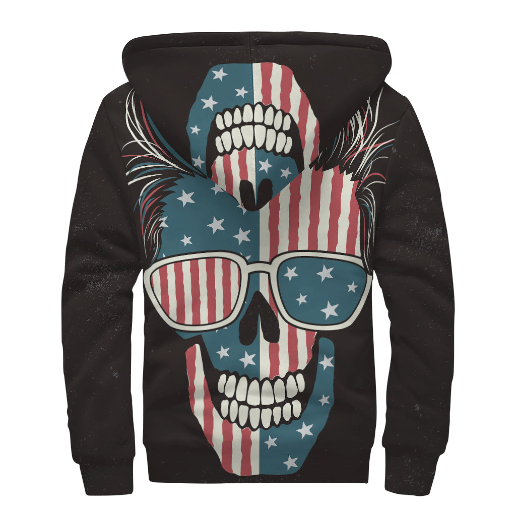 American Flag Skull Print Sherpa Lined Zip Up Hoodie for the Free-Spirited Hippie - 2