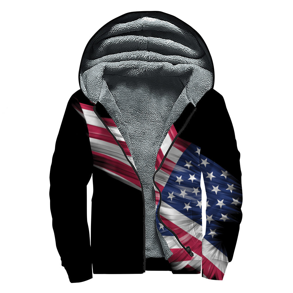 Peace, Love, and Comfort: American Flag Wing Print Sherpa Lined Zip Up Hoodie - 1