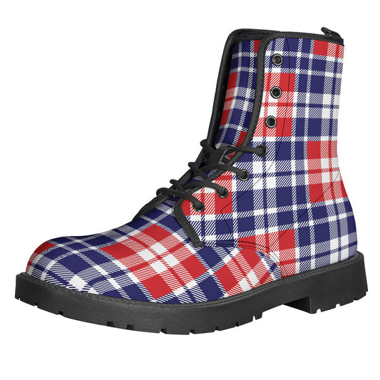 Step Out in Style with American Independence Day Plaid Print Leather Boots - 1