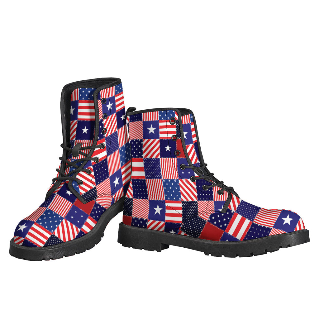 Step Out in Style: American Patriotic Patchwork Leather Boots for Hippies - 3