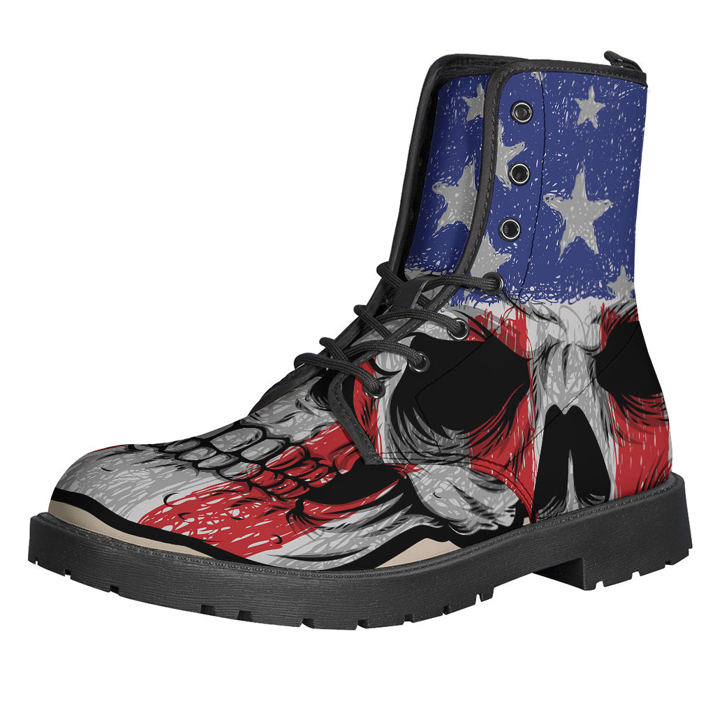 American Patriotic Skull Print Leather Boots for the Free-Spirited Hippies - 1