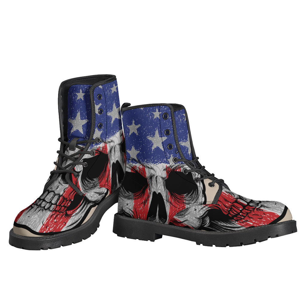 American Patriotic Skull Print Leather Boots for the Free-Spirited Hippies - 3