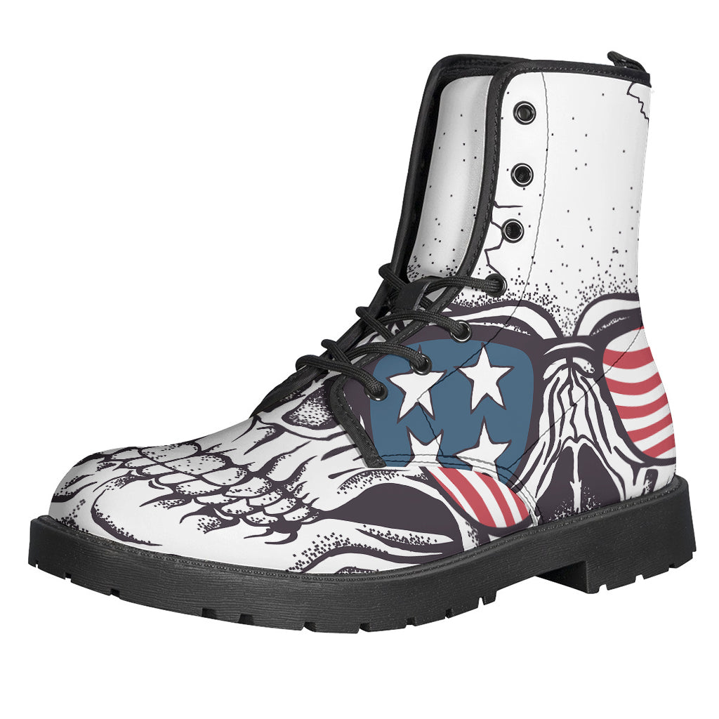 American Skull with Sunglasses Print Leather Boots for the Free-Spirited Hippies - 1