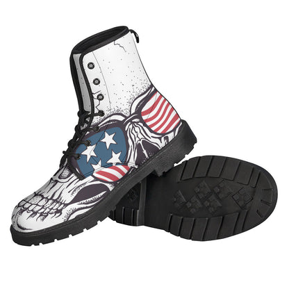 American Skull with Sunglasses Print Leather Boots for the Free-Spirited Hippies - 2