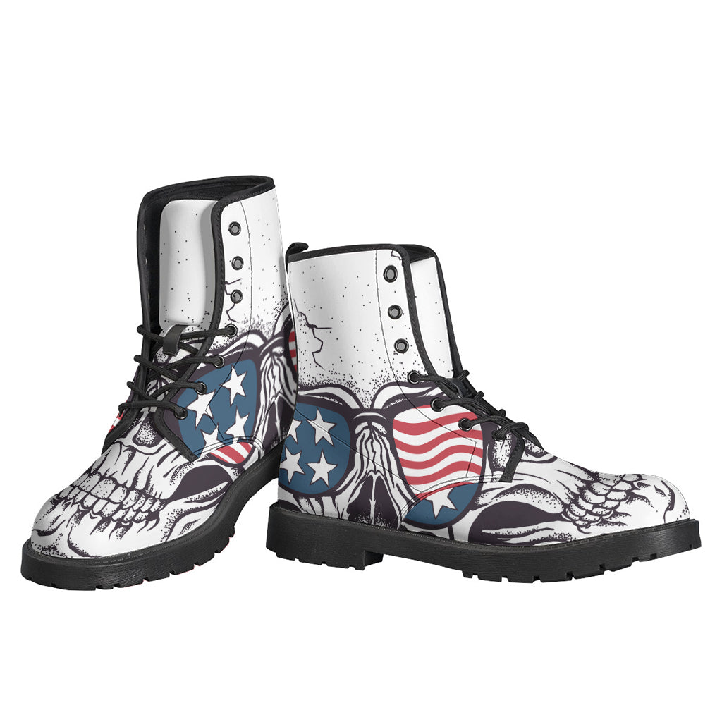 American Skull with Sunglasses Print Leather Boots for the Free-Spirited Hippies - 3