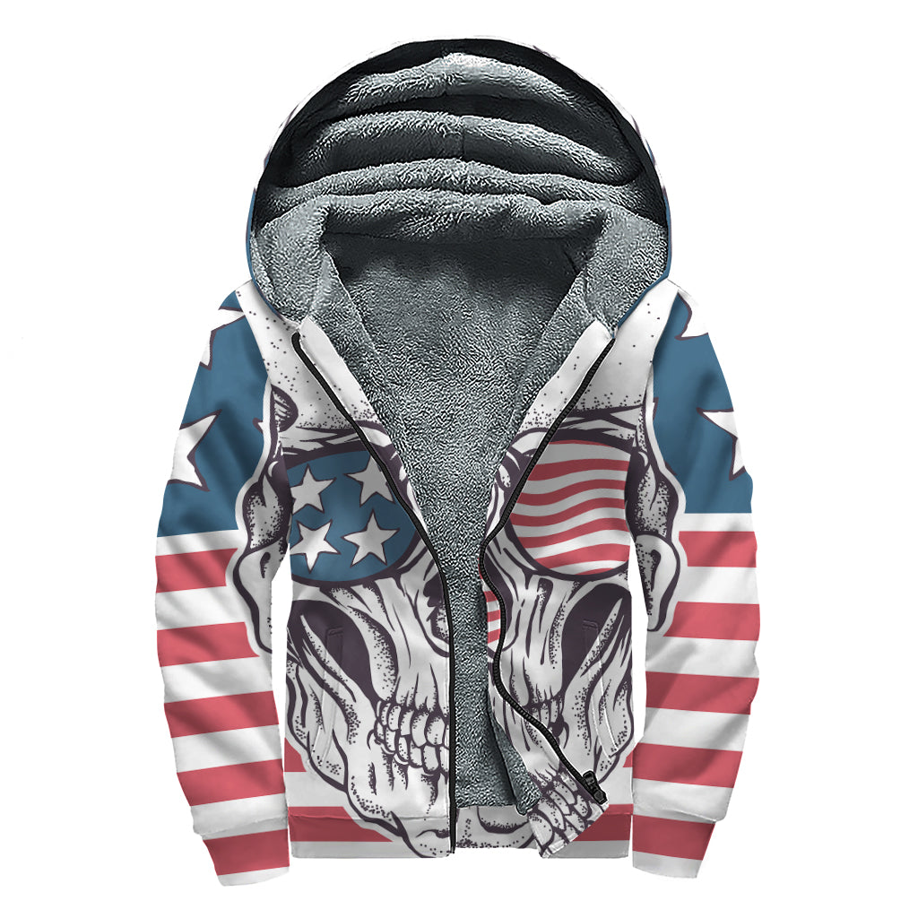 American Skull with Sunglasses Print Sherpa Lined Zip Up Hoodie - 1