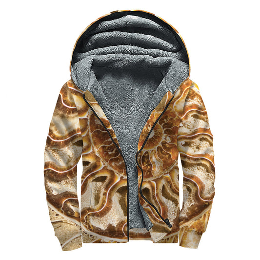 Ammonite Fossil Print Sherpa-Lined Zip Up Hoodie: Embrace Your Inner Hippie Style - 1