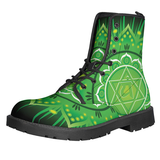 Anahata Chakra Mandala Print Leather Boots: Lightweight Hippie Footwear for Free Spirits - 1