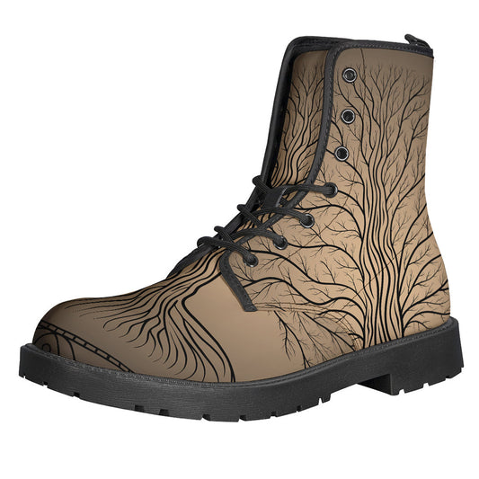 Walk in Peace and Style: Ancient Yggdrasil Tree Print Leather Boots for Hippies - 1