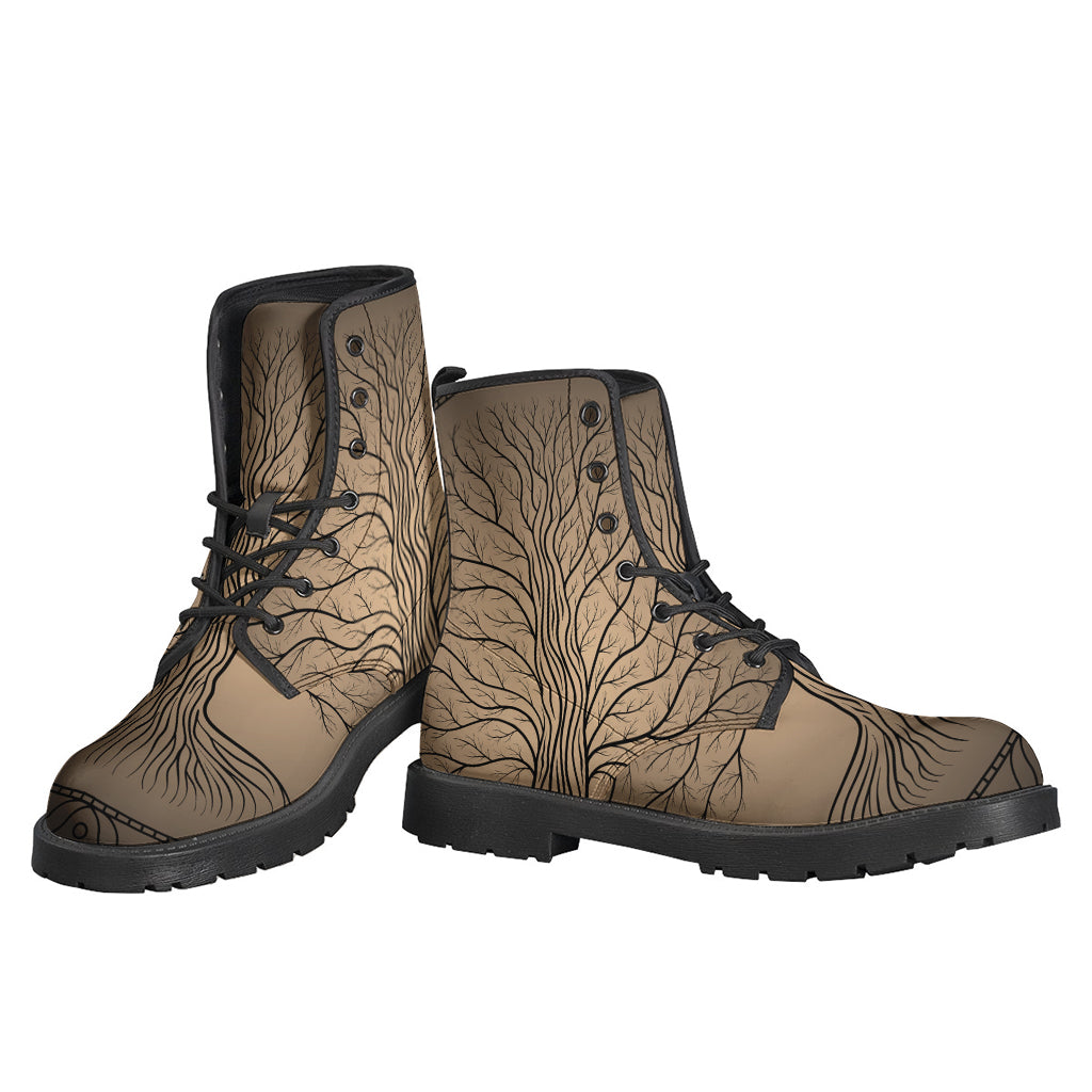 Walk in Peace and Style: Ancient Yggdrasil Tree Print Leather Boots for Hippies - 3