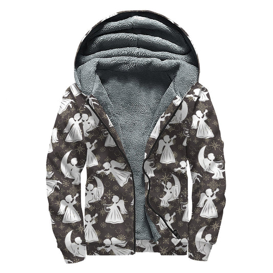 Angel and Snowflake Pattern Print Sherpa Lined Zip Up Hoodie for Boho Souls - 1