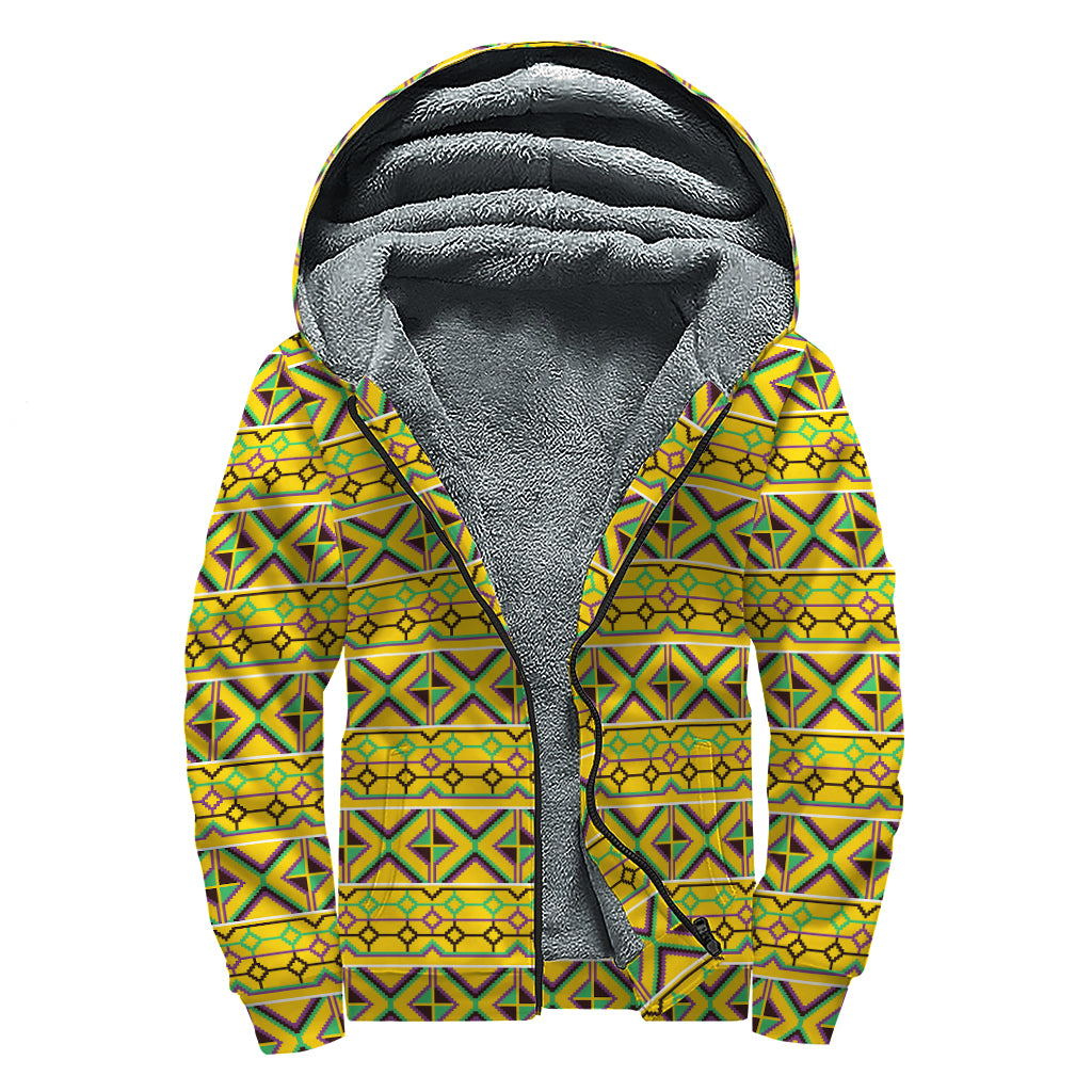 Colorful Kente Pattern Sherpa Lined Zip Up Hoodie for Groovy Hippies - 1