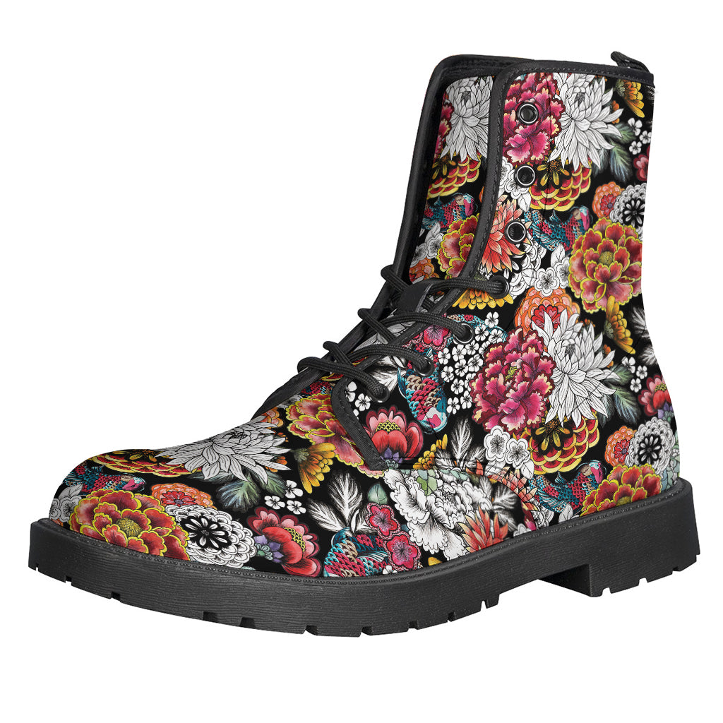 Groovy Vibes: Asian Chrysanthemum Pattern Leather Lightweight Boots for the Hippie Soul - 1