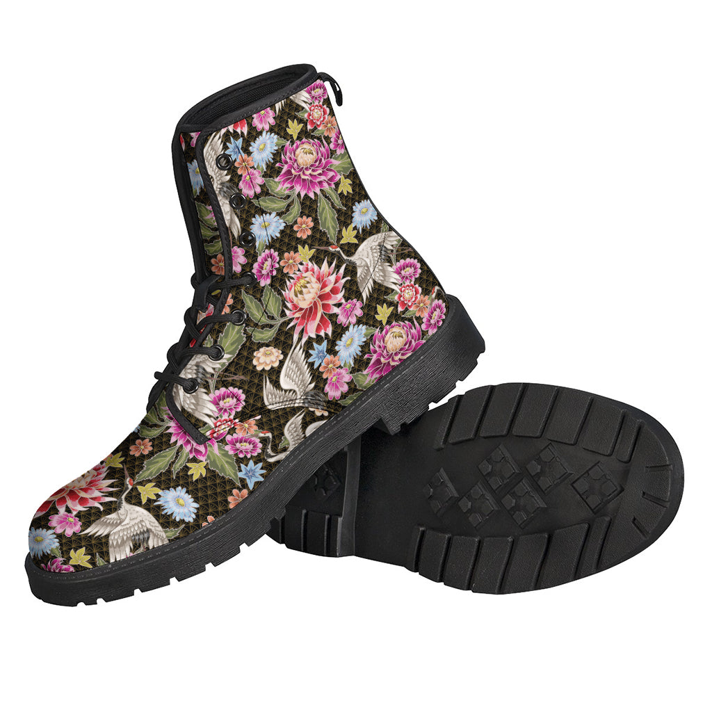 Free Spirit Leather Lightweight Boots - Embrace Your Inner Hippie with Asian Crane Bird Pattern - 2