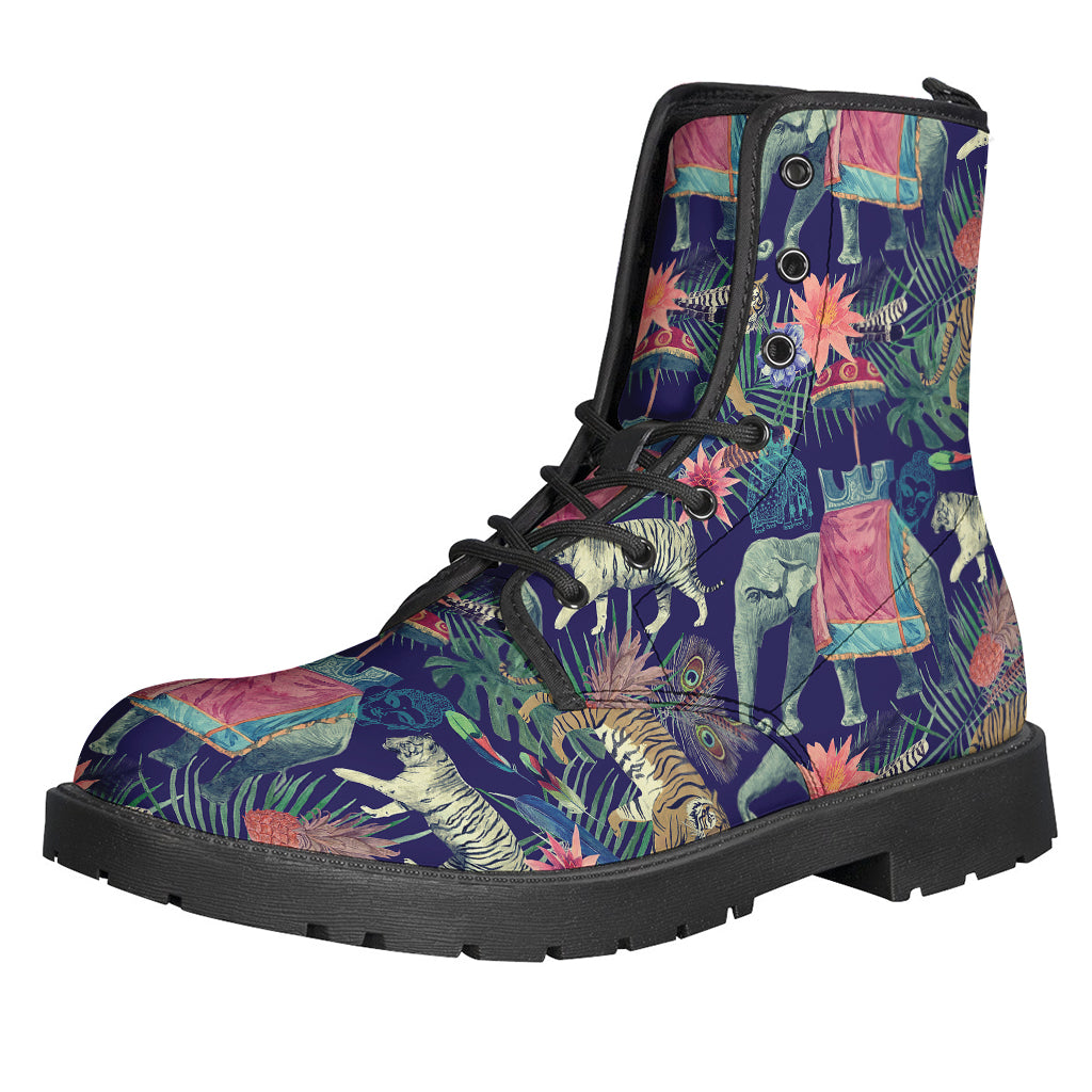 Wild Wanderers: Asian Elephant and Tiger Print Leather Lightweight Boots for Hippies - 1