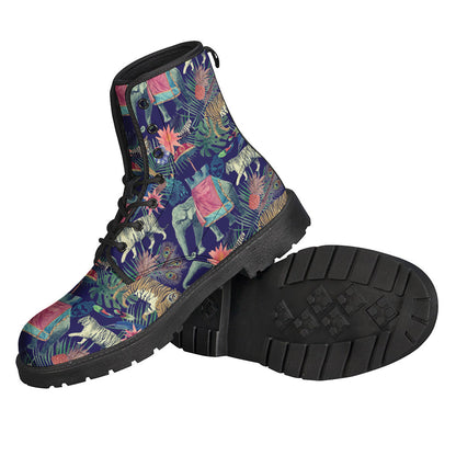 Wild Wanderers: Asian Elephant and Tiger Print Leather Lightweight Boots for Hippies - 2