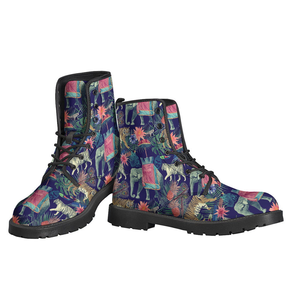 Wild Wanderers: Asian Elephant and Tiger Print Leather Lightweight Boots for Hippies - 3