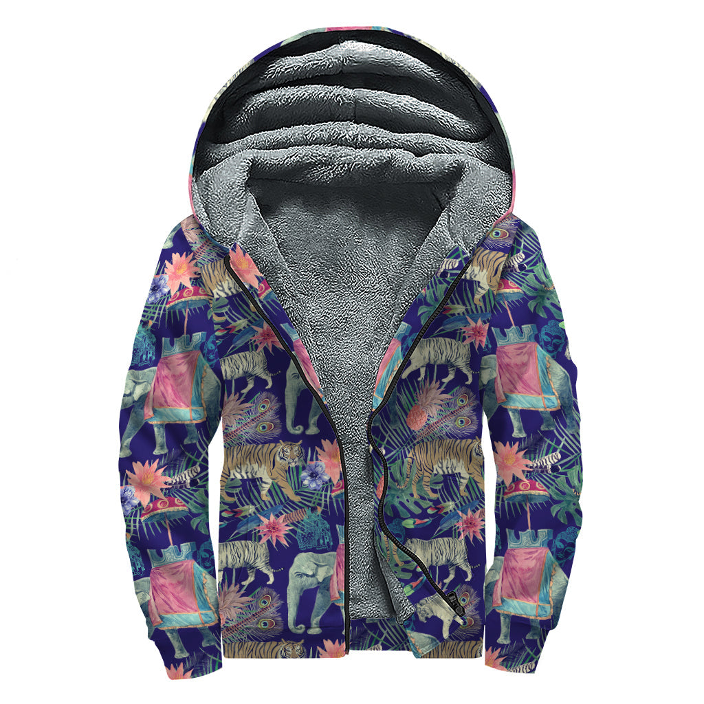 Wild and Free: Asian Elephant and Tiger Print Sherpa Lined Zip Up Hoodie - 1