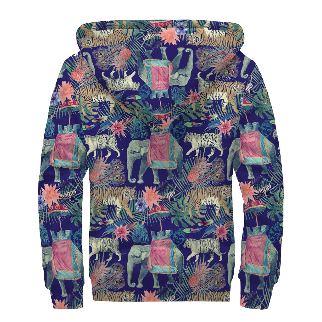 Wild and Free: Asian Elephant and Tiger Print Sherpa Lined Zip Up Hoodie - 2