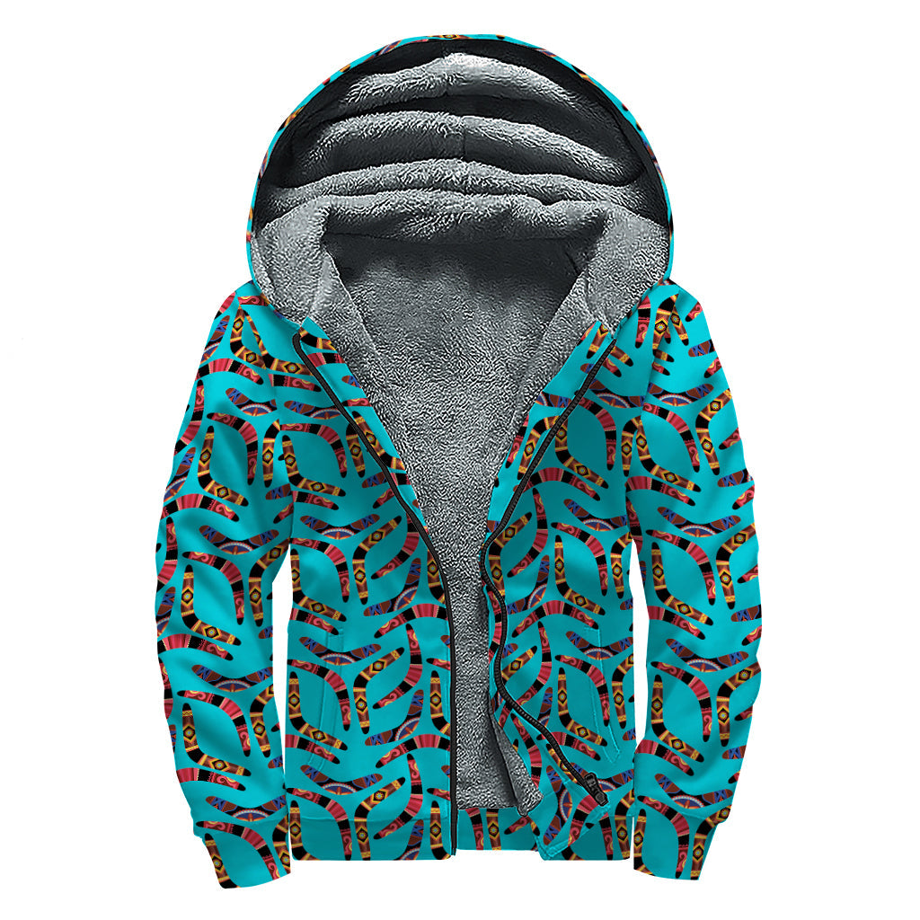 Australian Aboriginal Boomerang Print Sherpa Lined Zip Up Hoodie for Groovy Hippies - 1