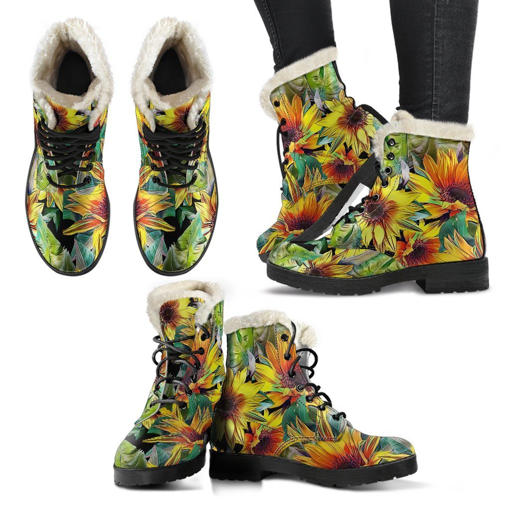 Funky Hippie Vibes: Autumn Sunflower Faux Fur Leather Boots - 2