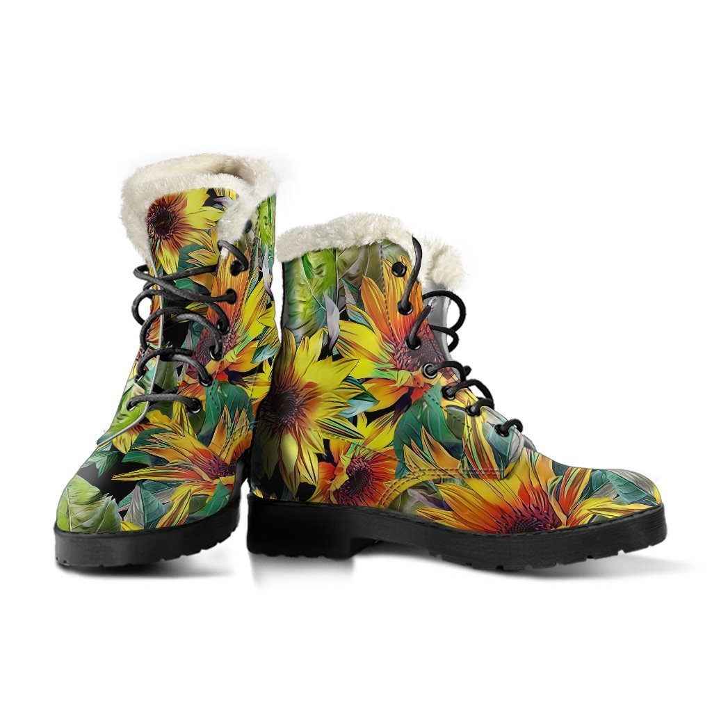 Funky Hippie Vibes: Autumn Sunflower Faux Fur Leather Boots - 3