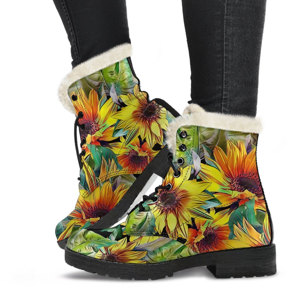 Funky Hippie Vibes: Autumn Sunflower Faux Fur Leather Boots - 1